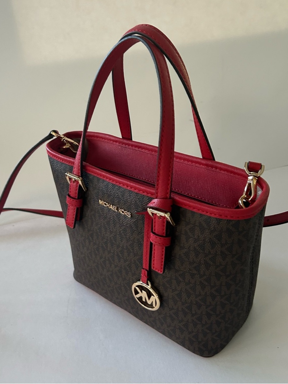 Michael Kors Jet Set Brown Red Signature Tote Crossbody Bag Gold Hardware logo - Picture 5 of 11